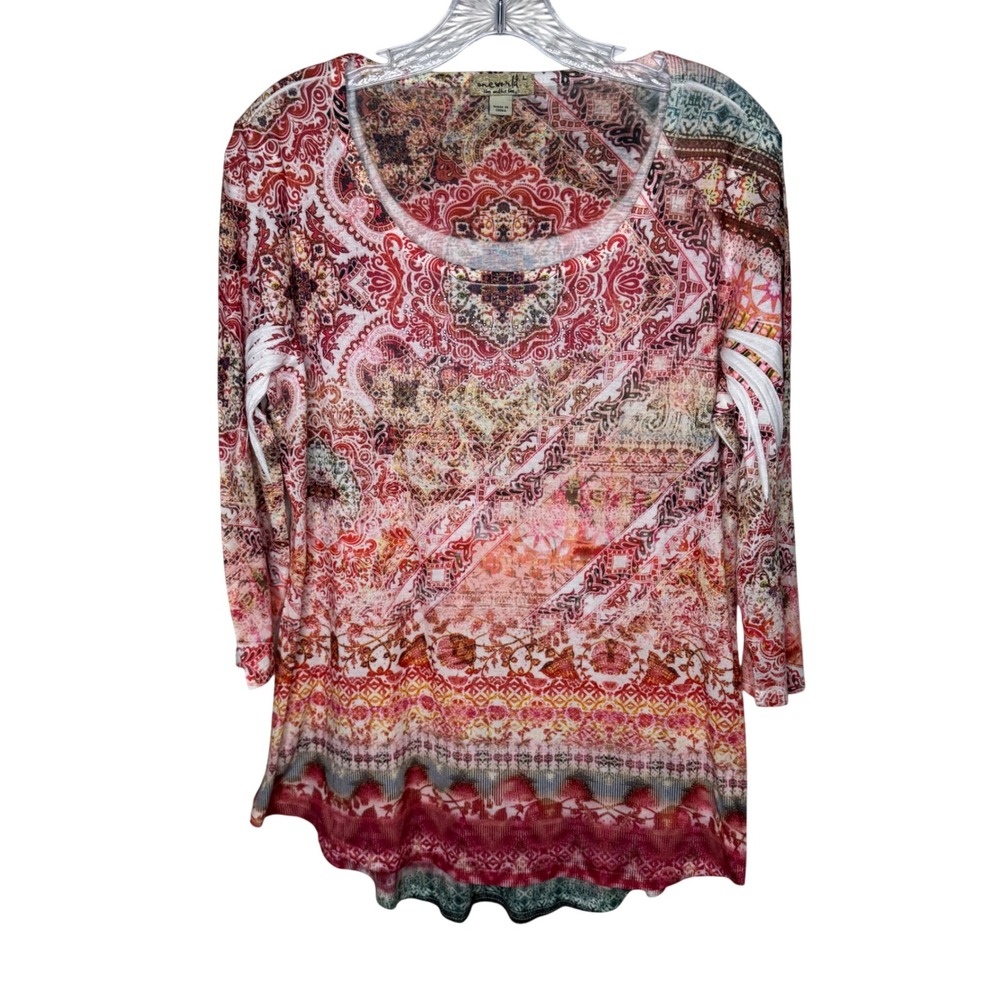 One World Women Size L Multicolor Paisley Print 3/4 Sleeve Scoop Neck Top